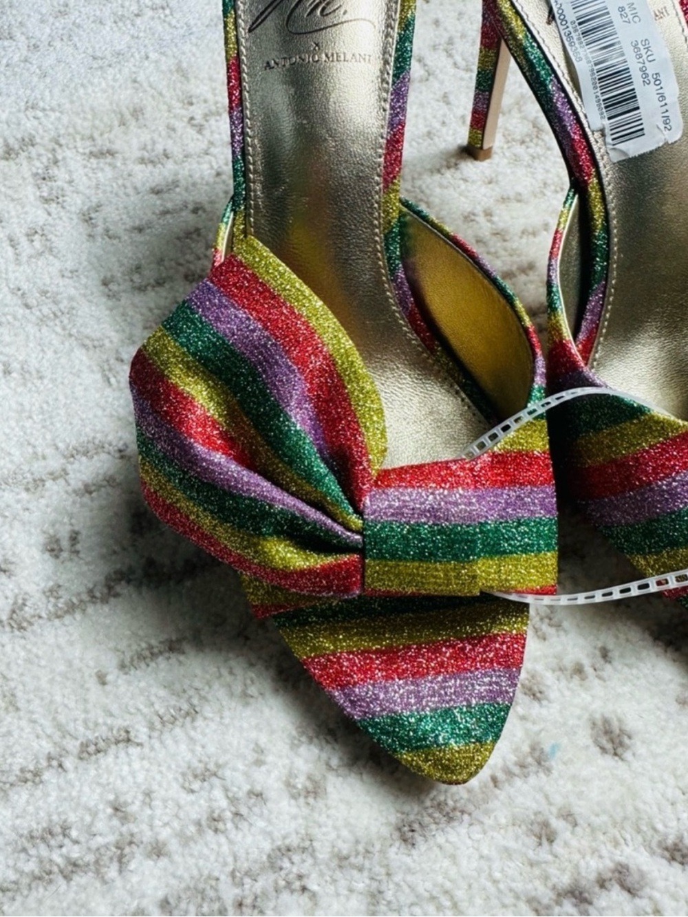 ANTONIO MELANI Rainbow Striped Bow Pointed Heels- Multicolor Glitter - Picture 5 of 14